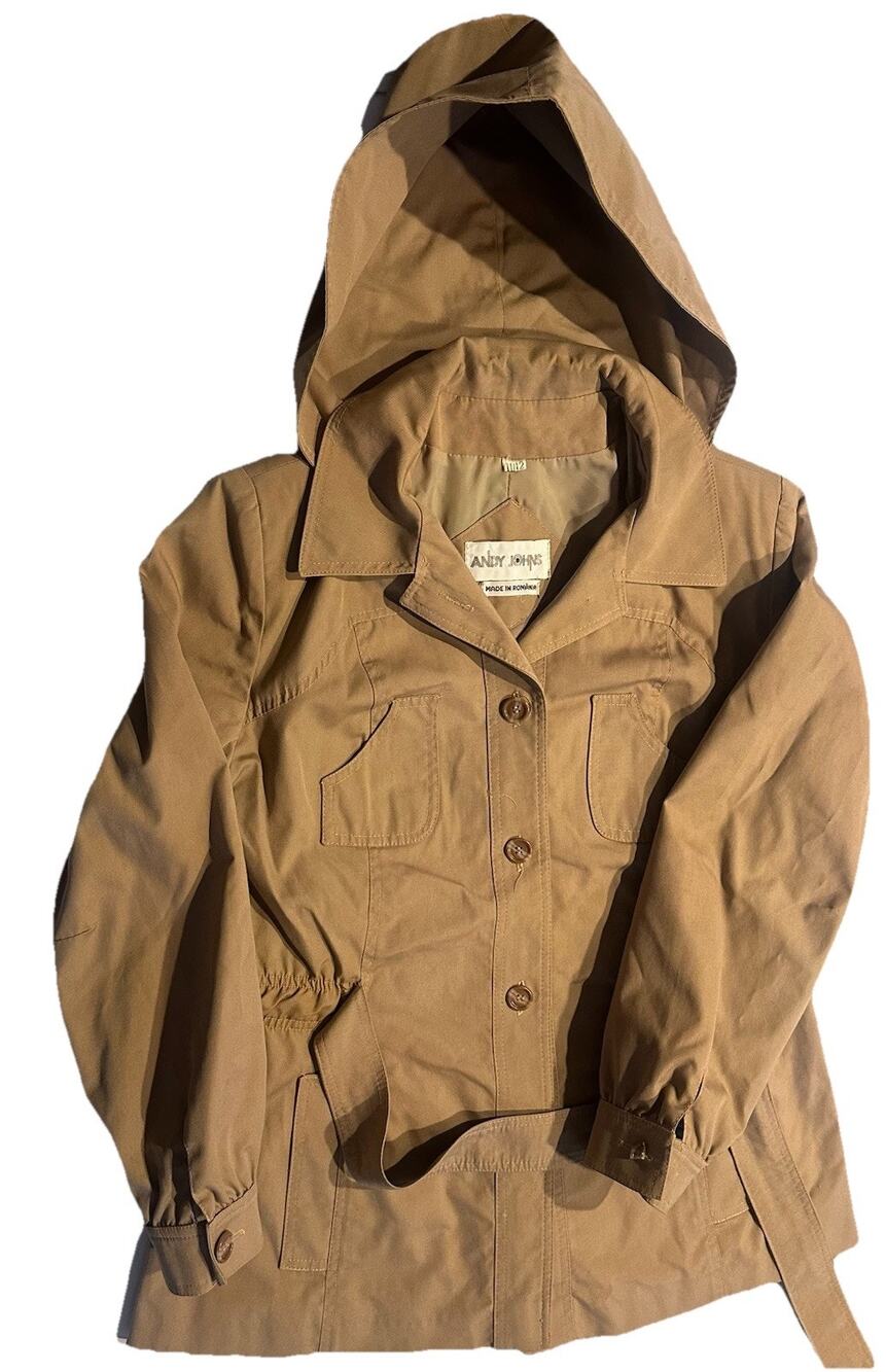 Andy Johns Womens 12 Y2K Beige Short Trench Coat Hooded Belted Classic Preppy